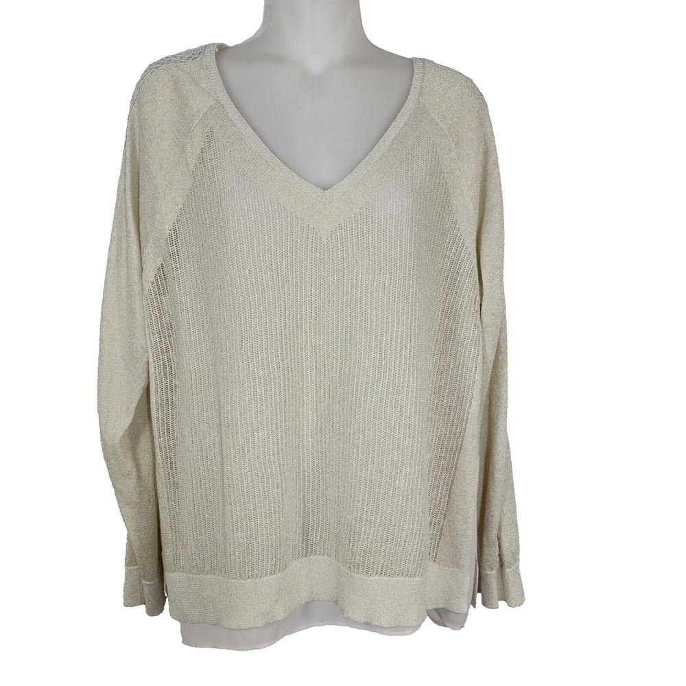 Lucky Brand Sweater Womens Large Metallic Linen V Neck Lined Shimmer Lightweight